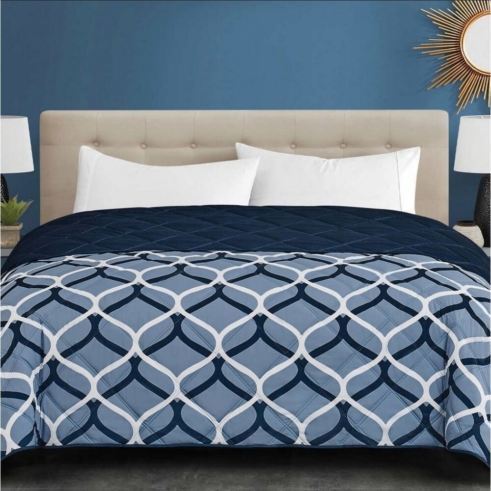 SEASONS Queen Alternative Down Diamond Quilted Reversible Comforter Navy Blue